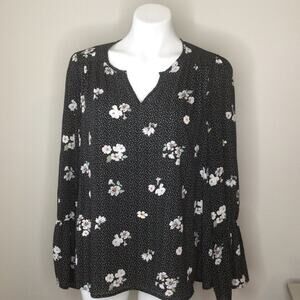 Renee C. Black Floral Print Long Sleeve Blouse Size L